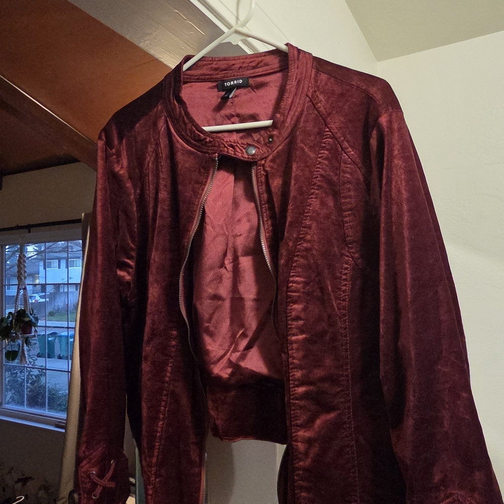 TORRID Luxurious Burgundy Velvet Bomber Jacket by